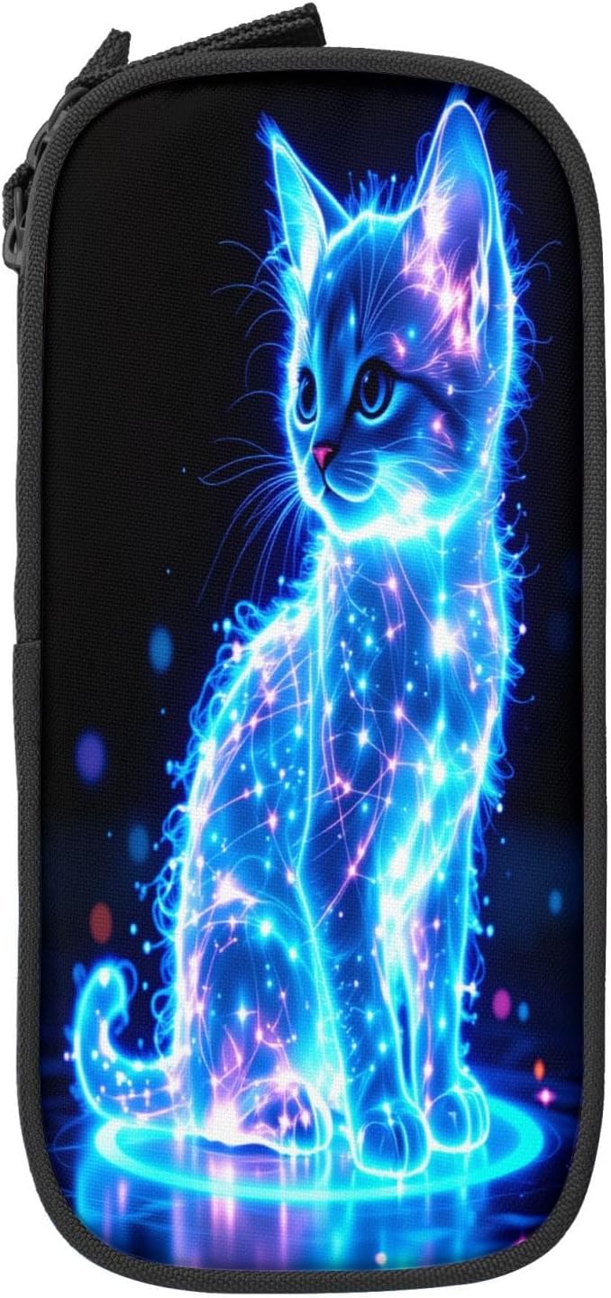 Glowing Cat Pencil Pouch, Oxford Cloth Pen Case With Double Zipper Compartments, Portable Stationery Organizer For Office Supplies, Travel Accessories Makeup Items