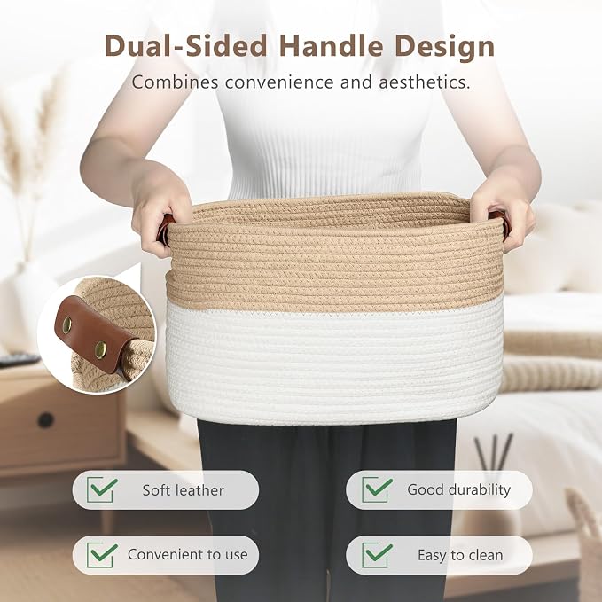 ECDYQXVU 15x10x9 Woven Cotton Rope Storage Basket, Leather Handles 1 Pack | Foldable Design, Sturdy PU Handles, Easy to Clean Organizer for Living Room, Closet, Shelves, Bedroom, Laundry, Clothes