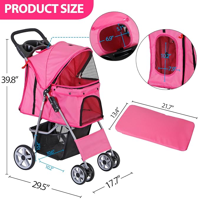 4 Wheels Dog Stroller Folding Pet Strolling Cart for Small Medium Cats Puppies Portable Jogger Travel Camping Puppy Carrier with Storage Basket Cup Holder, Pink