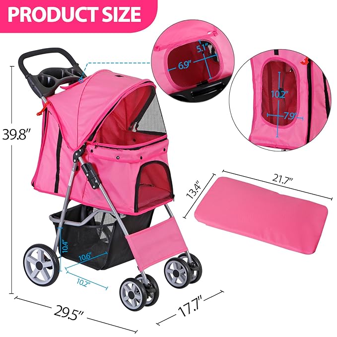 Pet Stroller for Medium Small Dogs - Easy to Walk Folding Travel Carrier Strolling Cart with Cup Holder, Weather Cover and Storage Basket (Pink)