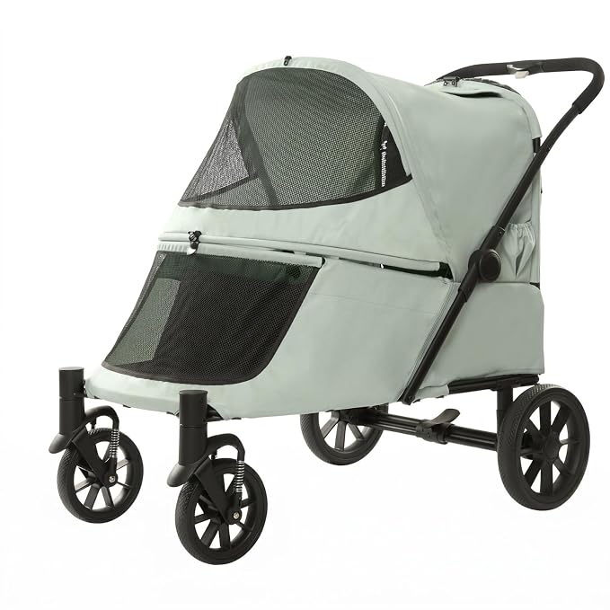 Outdoor Transport Cart Pet Folding Enclosure Steel Carrier Mesh Ventilated Window Easy Entry Four Wheels Suitable for Pet Walks Shopping, Light Green, Light Green