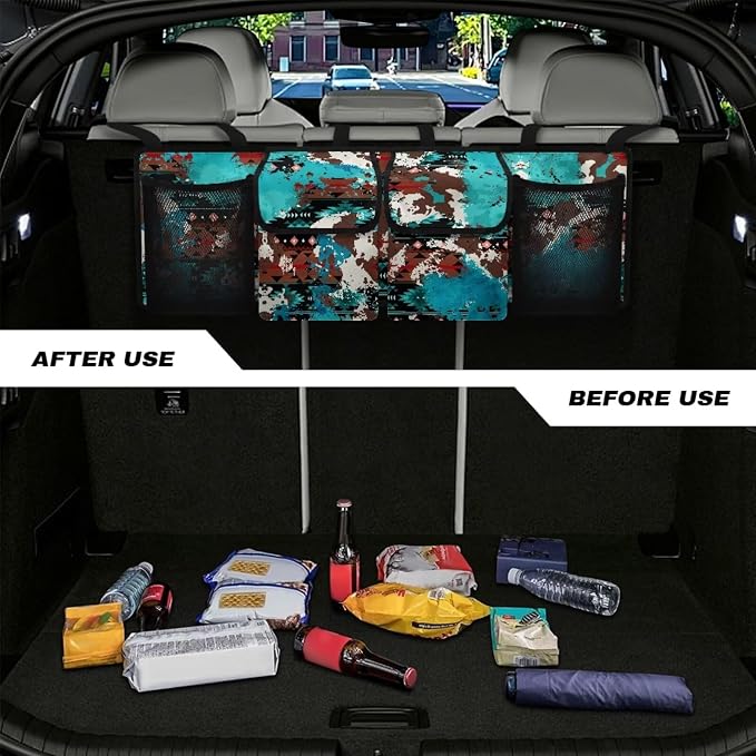 Trunk Organizer SUV Accessories Green Cow Printt Back Seat Car Organizer, All-Weather Protection Car Storage Organizer for Truck Sedan SUV