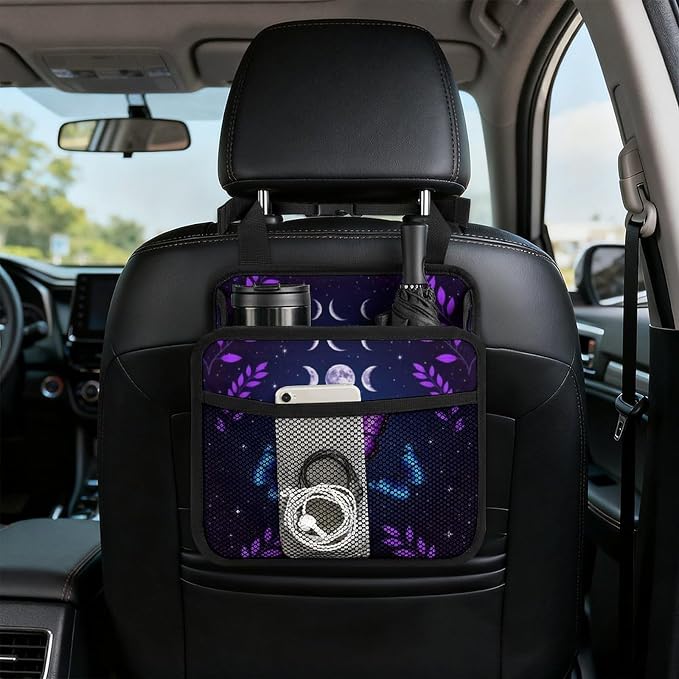 Car Organizer Bag for Back Seat Hanging Storage Bag with Pockets, Magic | Moon Moth Butterfly Mystical Goth Astrology Art, PU Leather Auto Trash Bag Travel Accessories, Leakproof and Waterproof