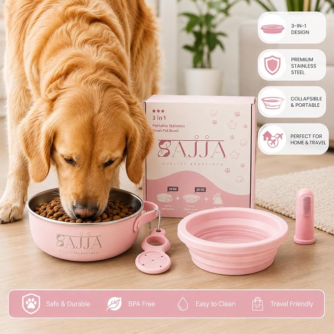 Pink Collapsible Travel Dog & Cat Bowl – BPA-Free Silicone & 18/8 Stainless Steel, Portable Non-Slip Food & Water Bowl with Handle, Bottle/Poop Bag Holder – Claim Your
