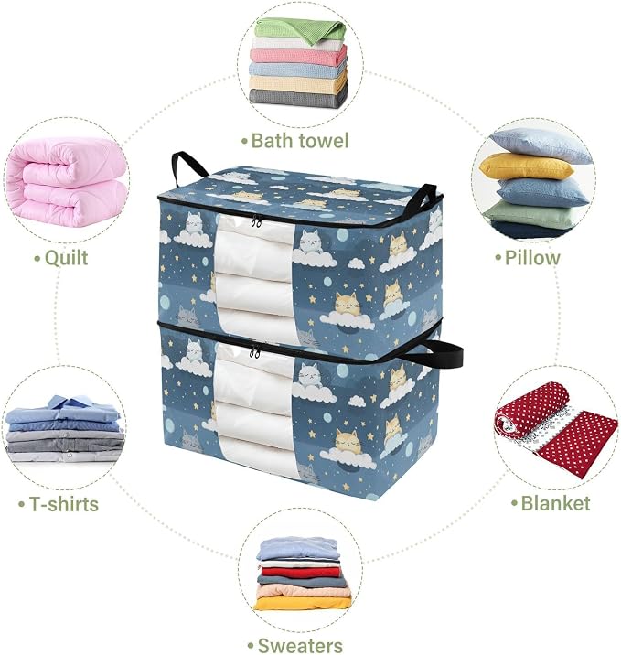 Cute Cats Cloud Clothes Storage Bag Bins 2 Pack Foldable Storage Containers Large Closet Organizer with Zipper Blanket Storage Bag for Pillows Clothing Comforters 60L