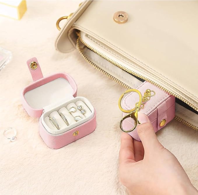 Wedding Ring Bearer Pillows Box for Dog Collar, PU Leather Travel Mini Ring Holder Pouch with Keychain Clip& Buckle Closure, Bridesmaid Gifts Jewelry Storage Case for Women Girls(Pink)