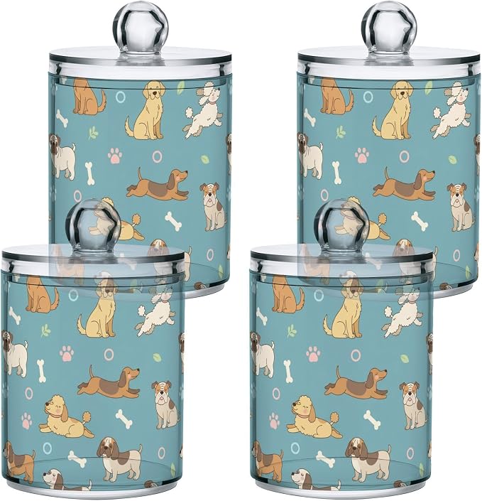 2 Pack Plastic Cotton Swab Ball Pad Holder Pets Blue Dogs Print Jars Bathroom Storage Organizer Bathroom Jars with Lid for Cotton Ball Swab Cotton Rounds Hair Clips