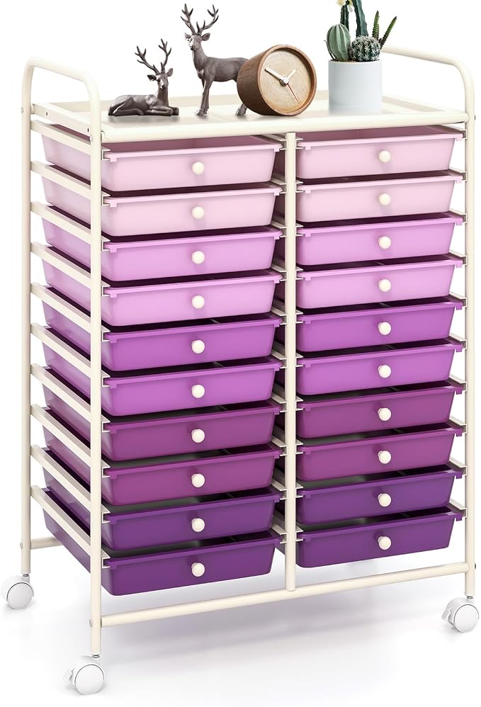 20 Drawer Rolling Storage Cart, Art Cart Organizer with Wheels for Makeup, Tool, Paper, Multipurpose Craft Storage Cart with Drawers for Office, Home, Classroom, School (Gradient Purple)