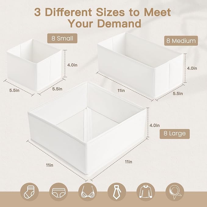 Drawer Organizer Clothes, 24 Pack Dresser Organizer for Baby Clothes, Underwear, Sock- Foldable Closet Organization and Storage Dividers Bins for Nursery, Bedroom and Dorm (White)