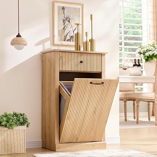IFGET Tilt-Out Trash Can Cabinet, Fluted Laundry Hamper Cabinet,Natural Oak