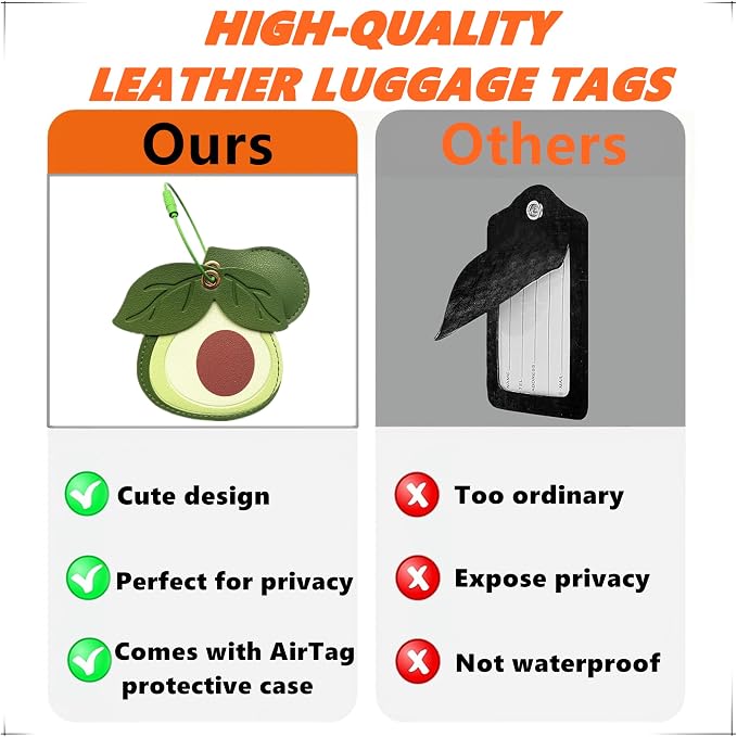 PU Leather Luggage Tag with Airtag Holder Case Set and Name ID Label | Hidden Compartment for AirTag Travel Suitcase Tracking Case with Stainless Steel Loop,Cute Fruit Plant Animals Styles,Avocado