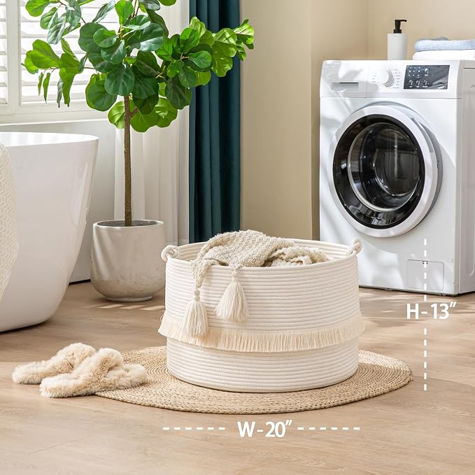 KAKAMAY Large Blanket Basket (20"x13"),Woven Baskets for storage Baby Laundry Hamper, Cotton Rope Blanket Basket for Living Room, Laundry, Nursery, Pillows, Baby Toy chest (White) | Extra Large Capacity,Blanket Storage | Laundry Basket | Natural Cotton...