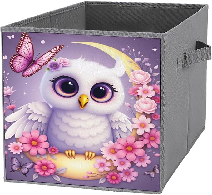 Purple Owl Flower Moon Butterfly Foldable Storage Bins, 10.6" Cube Storage Organizer, Sturdy Oxford Cloth Fabric Baskets for Closet, Shelf, Nursery, Bedroom, Decorative Printed Box for Toys & Clothes