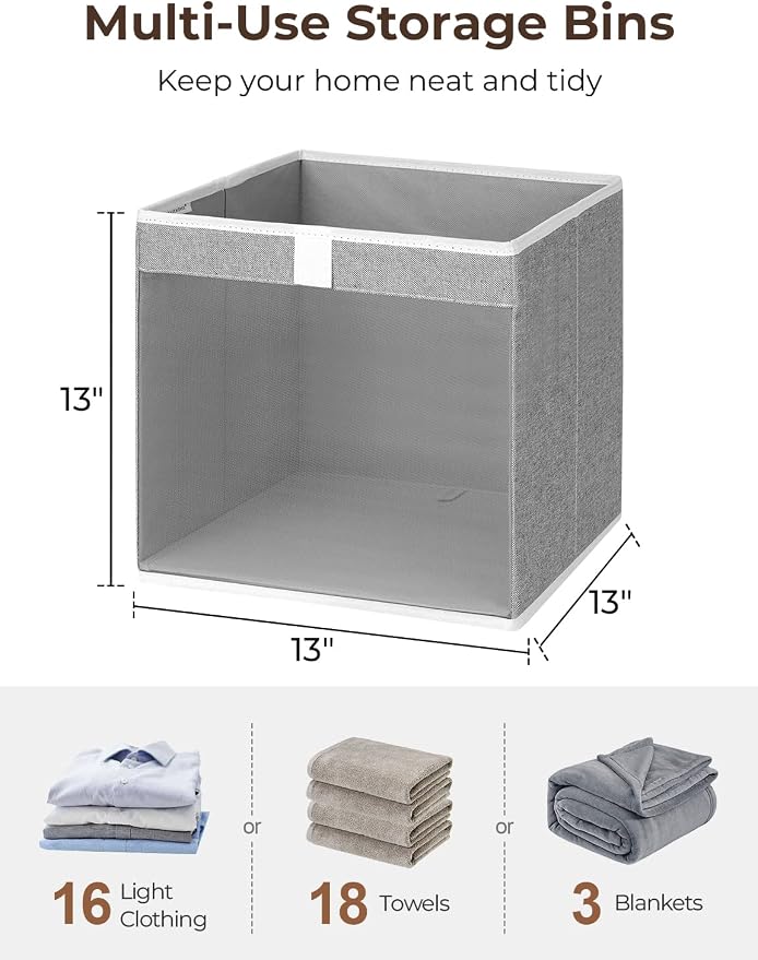 StorageWorks 13x13 Storage Cubes, Cube Organizers Bins, Gray, 3-Pack | Clear Window for Visibility, 2 Soft Leather Handles, Collapsible, Flip to Show/Hide, Storage Bins for Closet, Shelf, Cubby