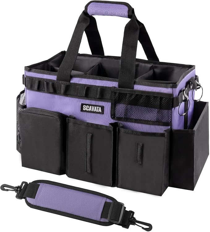 SCAVATA Wearable Cleaning Caddy Bag, Cleaning Caddy Supplies Organizer with Handle & Shoulder Straps for Housekeepers, Under Sink & Car Cleaning Tool Organizers with 4 Foldable Divider (Purple)