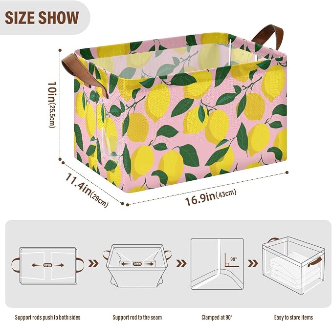 Light Pink Bg Yellow Lemon Storage Basket Foldable Cube Storage Bins with Handles&Label Waterproof Collapsible Organizer Box Bin Large Rectangle Decorative Baskets for Shelves Home Room Laundry
