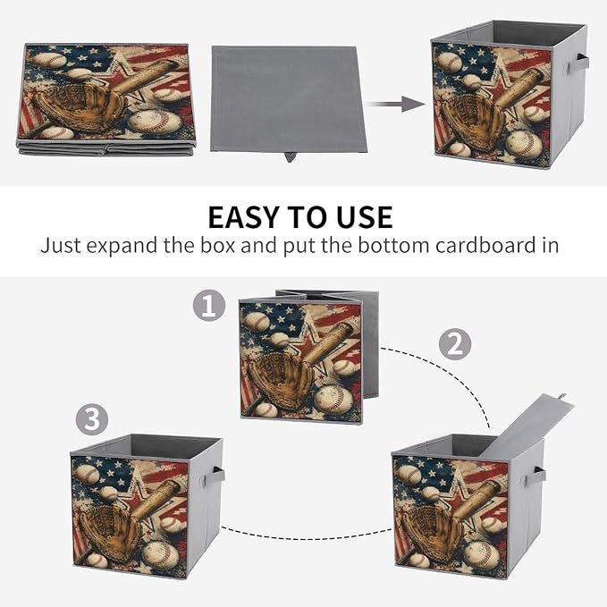 Baseball Glove Bat And Balls American Flag Design Storage Bin with Handles, Oxford Fabric Foldable Storage Cube Organizer for Clothes, Towels, Bedroom, Living Room, Home Organization