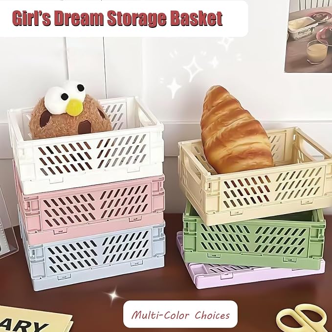 Tobeso-Nuoze Mini Pastel Plastic Storage Bins 2Pcs Foldable Pastel Crates | Basket Colorful Storage Containers Baskets for Classroom Kitchen Office Bedroom Desktop Home Decor (Green 5.8" x 3.8" x 2.2")