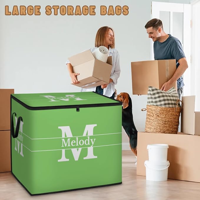 Personalized Extra Large Storage Basket with Lid, Comforters, Spring Green with Initial Letter Blanket Bedding Storage Bin for Home, Collapsible Basket for Clothes, Moving, Car Trunk