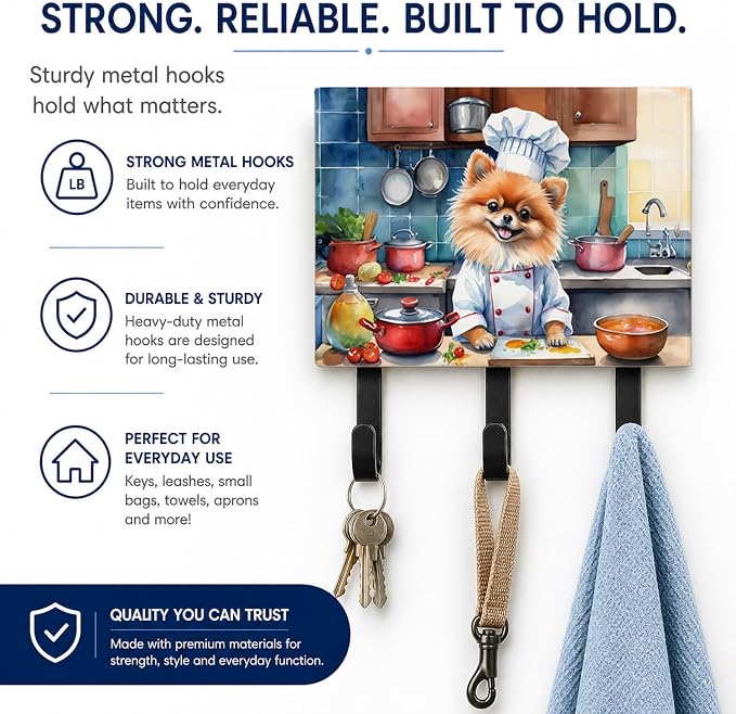Caroline's Treasures Pomeranian The Chef Leash or Key Holder Wall Hooks, Key Hooks Holder, Coat Rack Wall Mount, Coat Hooks, Hooks for Hanging Keys, Towels, Aprons, Leashes | Pomeranian The Chef artwork on ceramic tile with three steel hooks for keys, ...