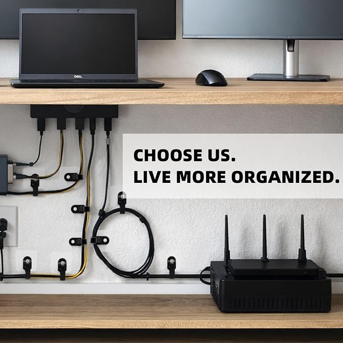 Cable Organizer - Keep Cord Bundles Out of the Way and Easy to Access | 12 Strong Adhesive Hooks + 12 Adjustable Hook-and-Loop Straps, Clear Mounts & No-Drill Setup