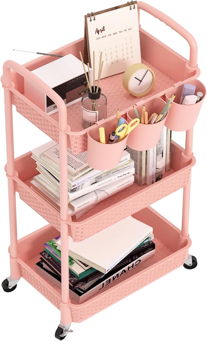 MOYIPIN 3-Tier Plastic Rolling Utility Cart with Handle,Pink | Utility Storage Cart for Office, Living Room, Kitchen,Movable Storage Organizer，Easy installation，Rattan-like art design