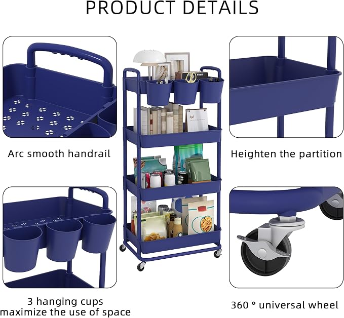 4-Tier Plastic Rolling Storage Cart Utility Cart Blue | Utility Cart with Extra Hanging Cups Arc-Shaped Handles Lockable Wheels for Living Room Bathroom Kitchen Office