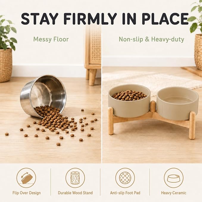 Havniva Ceramic Dog Bowls Elevated, Raised Dog Food Bowl for Small Dogs | 6.1” Elevated Dog Bowls, Non-Slip Wood Stand, Dog Food and Water Bowl Set, Dog Feeding Dish, Large Capacity Pet Water Bowl