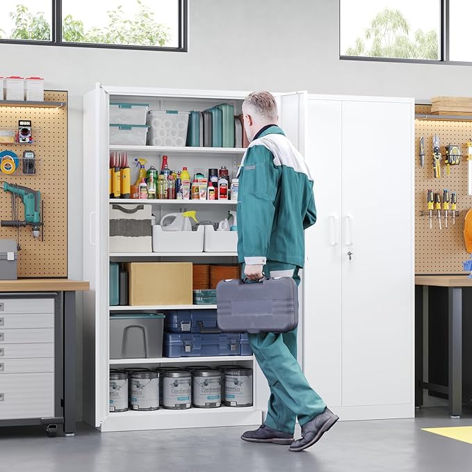 Metal Storage Cabinet with Lock Door Adjustable Shelf,72" Steel Lockers for Office, Home,School,Kitchen,Garage Tool Utility Cabinet (2 Door-White)