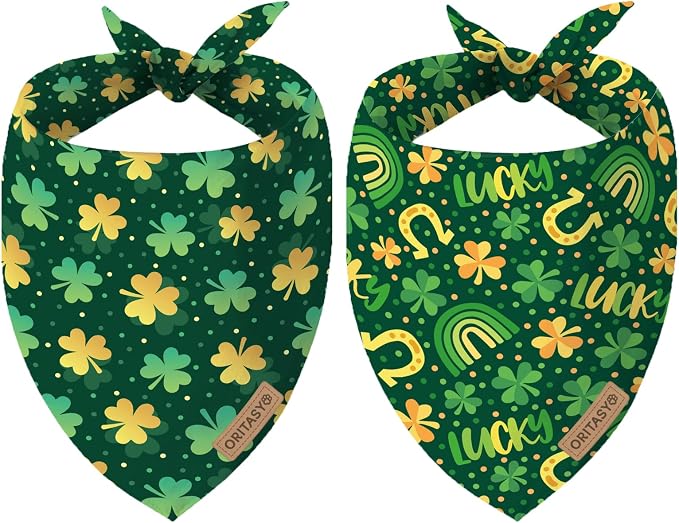 St. Patrick's Day Dog Bandanas, 2-Pack Triangle Reversible Love Pet Scarves, Premium Fabric, Irish Bandana for All Dogs (Small, Style 1)