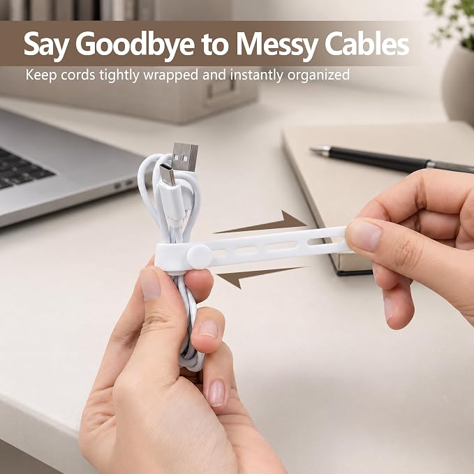 20PCS Reusable Silicone Cord Organizers for Chargers (White) | Soft Stretchable Silicone Cable Straps with Secure Locking Design, Keeps Phone Cords & USB Cables Neat for Home & Office