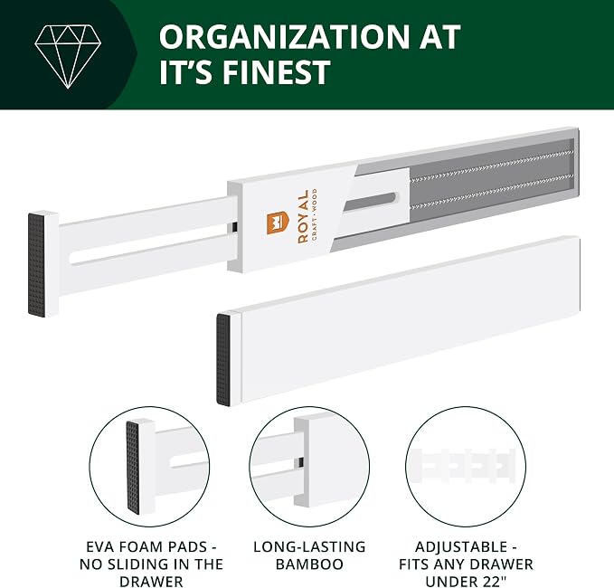 Bamboo Drawer Dividers Organizers, Adjustable Drawer Separator Splitters, 17–22 Inches Expandable Drawer Divider Organizer for Large Utensils, Kitchen, Bedroom, Dresser & Office Drawers 4-Pack, White