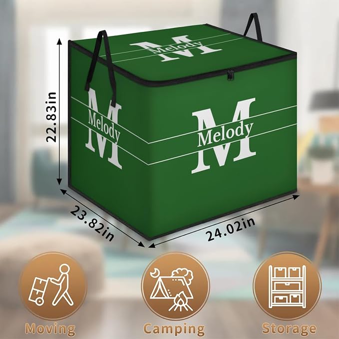 Personalized Storage Bags with Lid Large Blanket Clothes Organization and Storage Containers for Comforters,Bedding, Foldable Organizer with Reinforced Handle, Forest Green with Initial Letter