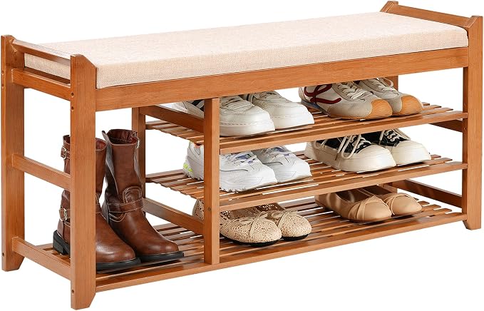 PETKABOO Shoe Rack Bench with Cushion 39.4“, Shoe Rack for Front Door Entrance, Shoe Bench with Storage for Entryway Hallway Bedroom Living Room