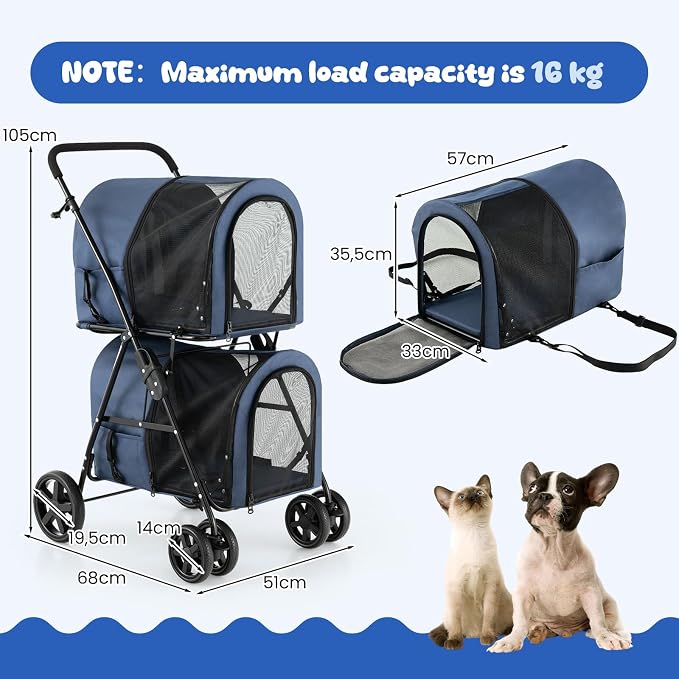 Dog Stroller with 2 Detachable Carrier, Pet Stroller for Small Medium Dogs Cats, Jogger/Travel/Camping, 4-in-1 Doggy Pet Carrier, Carrier Strolling Cart with Lockable Wheels (Navy Blue)