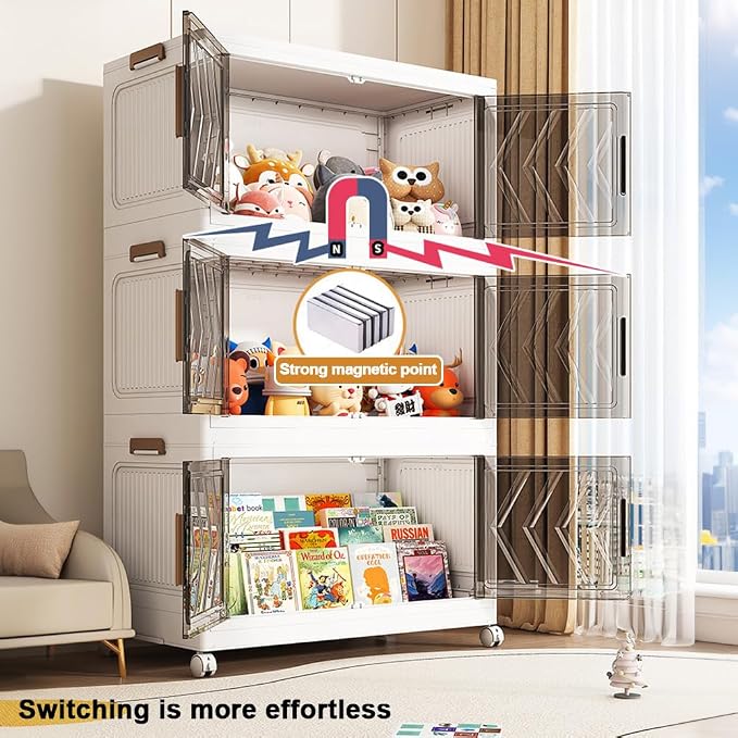 ETOYA 4-Tier Stackable Storage Bins with Lids, 23QT Stackable Closet Organizers and Storage with Wheels and Magnetic Doors, Foldable Plastic Storage Containers for Seasonal Clothes, Toys, Tools