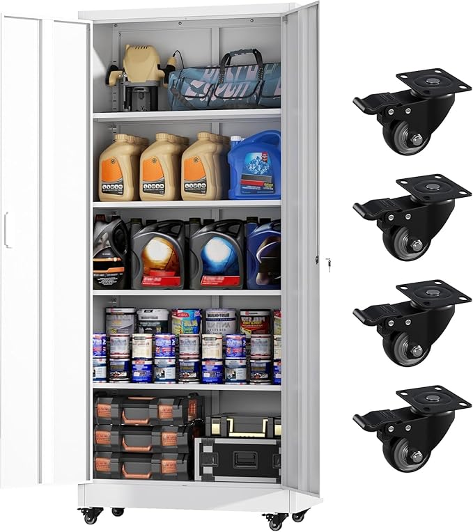 Greenvelly Metal Garage Storage Cabinet with 4 Swivel Wheels, 73" White Storage Cabinet on Wheels, Rolling Tool Cabinet with Locking Doors and Shelves for Garage, Basement, Home, Warehouse