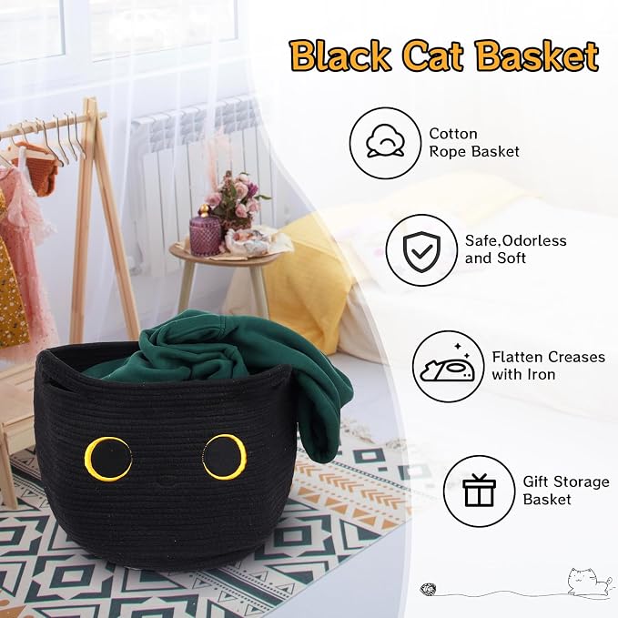 Cute Black Cat Round Basket - Cotton Rope Baskets Large Baby Laundry | Blasket for Nursery, Woven Blanket Basket Hamper With Handle Toy Storage Basket for Gifts, Baby Shower 14 ×12 inchs 30.5L