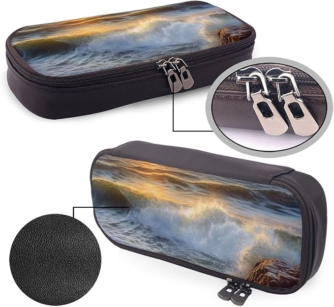 Leather Pencil Case Organizer Big Capacity Pencil Pouch Storage Bag With Compartments Cute Pencil Bag Rocky Wave Sunset Painting Pen Box Portable Cosmetic Makeup Bag Organizer