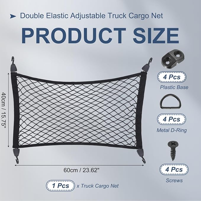 PATIKIL Truck Cargo Net, (23.6 x 15.7 Inch, Black) with Base and D-Ring | Single Elastic Adjustable Trunk Bed Net Stretchable Mesh Storage Organizer Heavy Duty for Pickup Trucks SUV Cars