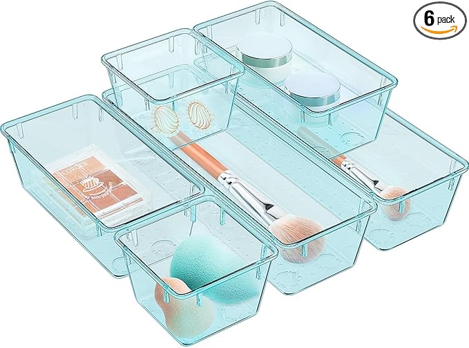 6 Pack Clear Drawer Organizer Set, Drawer Storage Trays, Storage Bins | Acrylic Drawer Storage Trays, Storage Bins for Makeup, Cosmetics, Jewelries, Utensils, Gadgets, Office