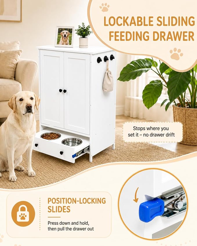 Dog Feeding Station with Storage Cabinet, Hidden Pull-Out Drawer | Metal Slide Rail, White Pet Food Storage Cabinet, 2 Elevated Bowls, Adjustable Shelf & 3 Hooks for Leashes, Collars, Toys