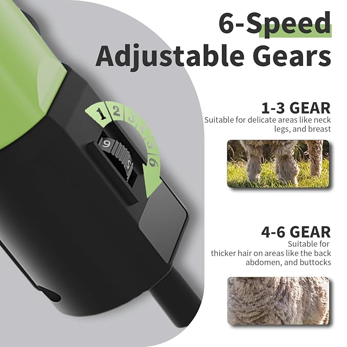 1200W Sheep Shears Clippers, 3200RPM 6-Speed Adjustable Heavy Duty Electric Sheep Shears for Dogs and Farm Livestock Grooming, 13T Blades, Professional Thick Coat Dog Clippers for Alpacas (Green)