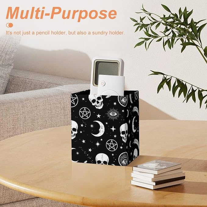 Pen Pencil Holder for Desktop, Pu Leather Stationery Organizer Goth Raven Crow Skull Moon Star Gothic Witch Eyes Square Pencil Cup Office Accessories Container Box