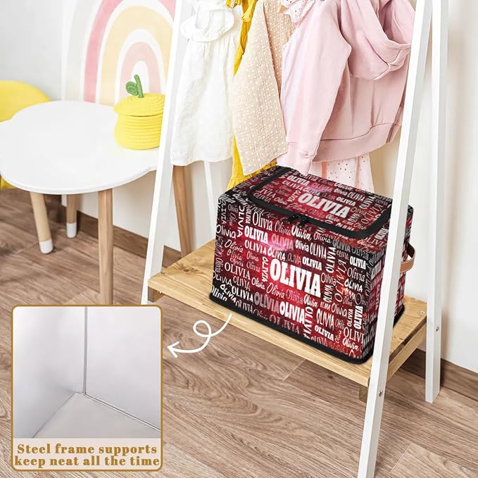 Personalized Kids Toy Box with Name, Custom Nursery Baskets Cubes Box with Zipper Lid, Kids Custom Storage Basket Laundry Baskets Organizer with Handles, Watercolor Red Universe