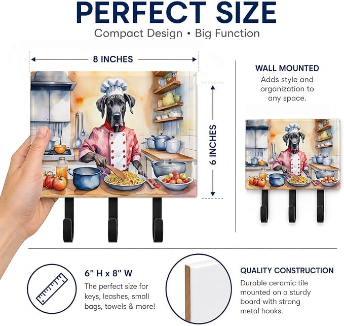 Caroline's Treasures Great Dane The Chef Leash or Key Holder Wall Hooks, Key Hooks Holder, Coat Rack Wall Mount, Coat Hooks, Hooks for Hanging Keys, Towels, Aprons, Leashes | Great Dane The Chef artwork on ceramic tile with three steel hooks for keys, ...