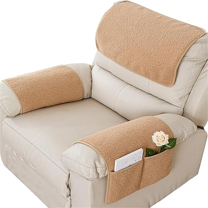 Sherpa Fleece Armrest and Headrest Covers with 2 Pockets | Soft fleece with nonslip silicone backing helps protect leather and fabric furniture from pet scratches machine washable