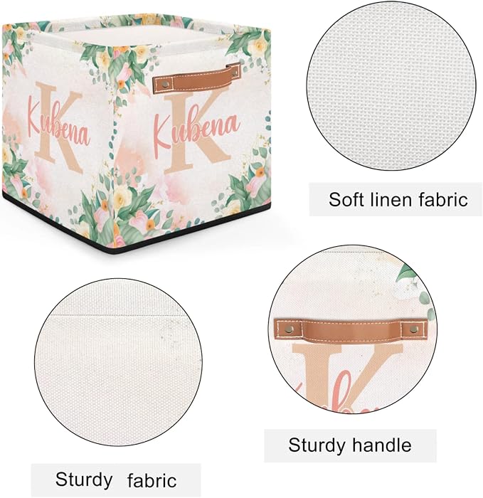 Personalized Name-Initial Pink Flower Storage Baskets for Girls Women, Custom Portable Square Storage Bins with Handles Foldable Organizer for Clothes, Toys, Blanket, Towel,Pet 13”