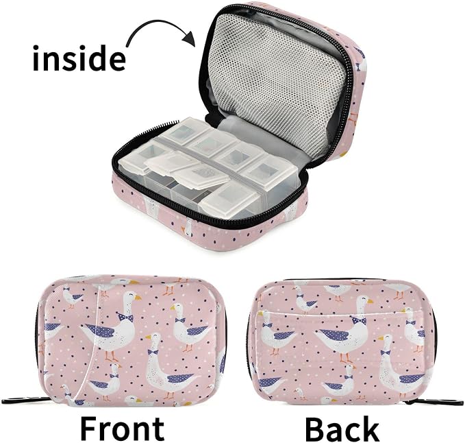 Fustylead Geese with Bow Tie on Pink Background and Dots Travel Pill Organizer Bag with Zipper Small Pill Box 7 Day Pill Case for Purse Storage Weekly Vitamin Medicine Supplement