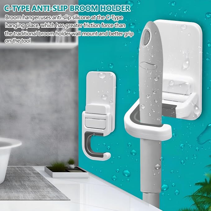 2 Pack Mop Broom Holder for Bathroom Kitchen Office (White)